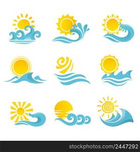 Waves flowing water sea ocean icons set with sun isolated vector illustration