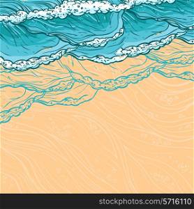 Waves flowing water sketch sea ocean and sandy beach seashore colored background vector illustration