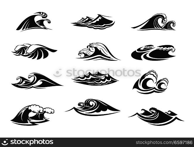 Waves icons of ocean water splashes or sea tidal gales. Vector isolated symbols o marine waves or stormy tide with splashing flows, surf with froth and windy storm wavy streams. Vector icons set of ocean waves