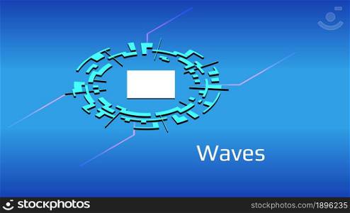 Waves isometric token symbol in digital circle on blue background. Cryptocurrency icon. Vector illustration for website or banner.