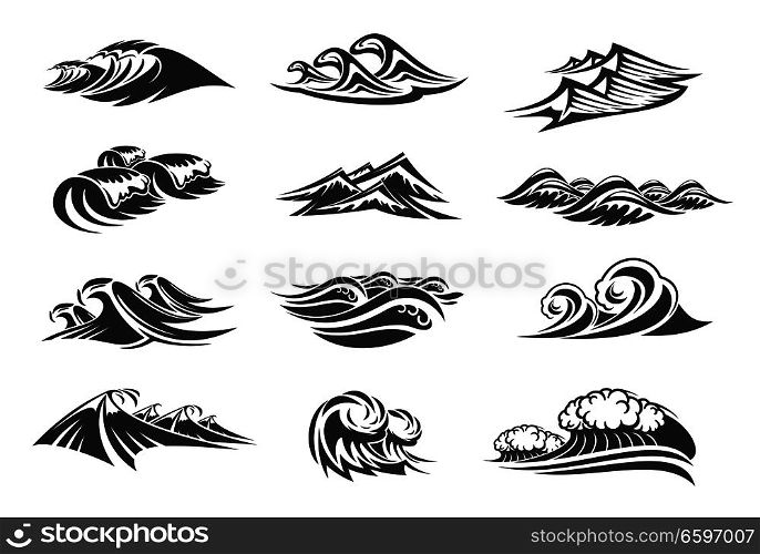 Waves of ocean water line icons set of sea tide splashes. Vector isolated tidal gales, marine waves or stormy tide with splashing flows and surfs of windy storm streams. Vector line icons set of ocean waves