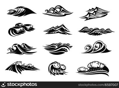 Waves of ocean water line icons set of sea tide splashes. Vector isolated tidal gales, marine waves or stormy tide with splashing flows and surfs of windy storm streams. Vector line icons set of ocean waves