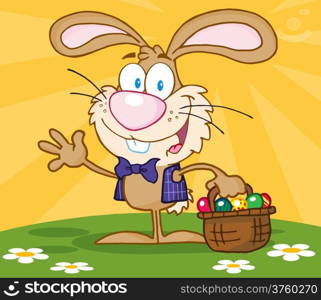 Waving Brown Bunny With Easter Eggs And Basket