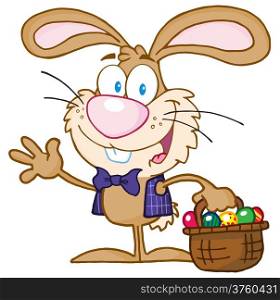 Waving Bunny With Easter Eggs And Basket