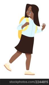 Waving goodbye to school friends semi flat RGB color vector illustration. Smiling little girl with yellow backpack isolated cartoon character on white background. Waving goodbye to school friends semi flat RGB color vector illustration