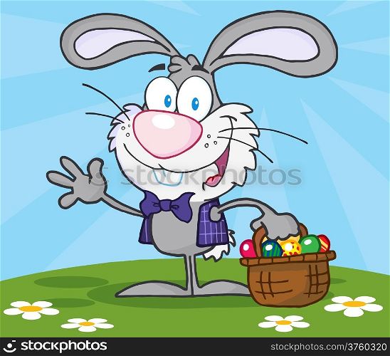 Waving Gray Bunny With Easter Eggs