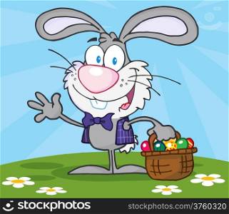 Waving Gray Bunny With Easter Eggs