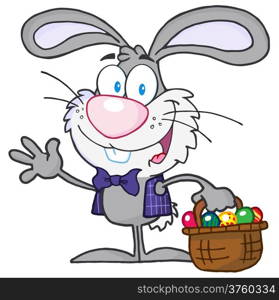 Waving Gray Bunny With Easter Eggs And Basket