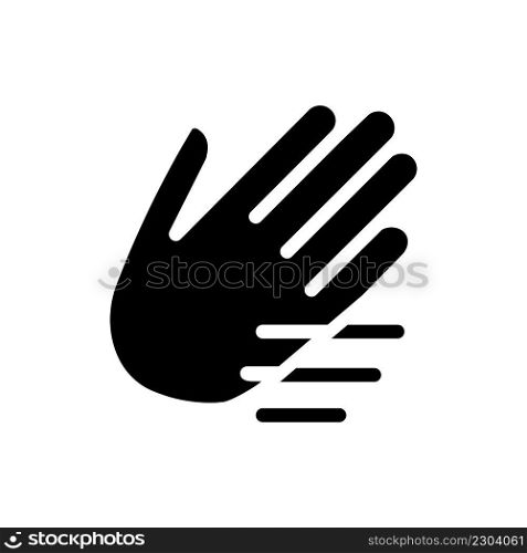 Waving hand black glyph icon. Nonverbal communication. Greeting and calling gesture. Dynamic movement. Silhouette symbol on white space. Solid pictogram. Vector isolated illustration. Waving hand black glyph icon