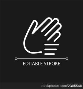 Waving hand pixel perfect white linear icon for dark theme. Nonverbal communication. Greeting, calling gesture. Thin line illustration. Isolated symbol for night mode. Editable stroke. Arial font used. Waving hand pixel perfect white linear icon for dark theme
