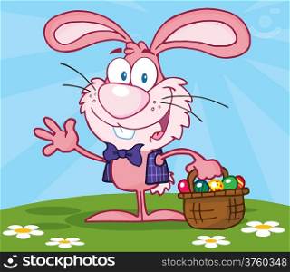 Waving Pink Bunny With Easter Eggs