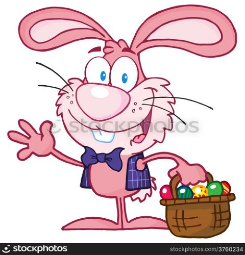 Waving Pink Bunny With Easter Eggs And Basket