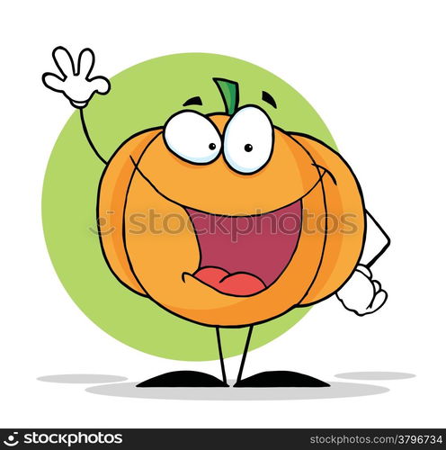 Waving Pumpkin Mascot Cartoon Character