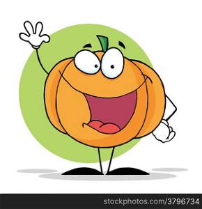Waving Pumpkin Mascot Cartoon Character