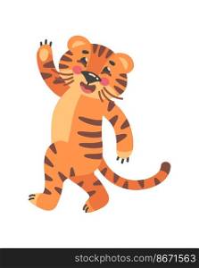 Waving tiger. Cute mascot 2022, zoo vector illustration isolated on white background. Waving tiger. Cute mascot 2022, zoo vector illustration