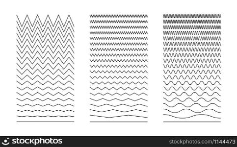 Wavy Curved and Zigzag collection. Set of Horizontal Lines. Wave Line and Wavy Zigzag Lines. Set of Horizontal Thin Line Wave black color, isolated on white background. Vector Illustration
