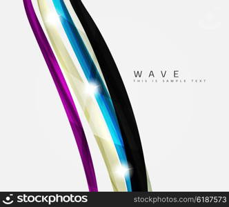 Wavy glossy futuristic swirl. Wavy glossy futuristic swirl - color curve stripes and lines in motion concept and with light and shadow effects. Presentation banner and business card message design template