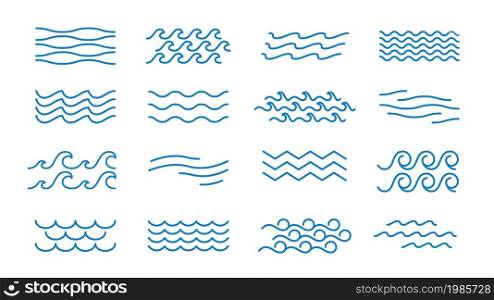 Wavy lines. Simple curves. Water surfaces signs. Stripes and strokes isolated elements. Smooth and swirling symbolic waves. Blue ocean abstract symbols. Minimal aqua ornament. Vector sea ripples set. Wavy lines. Simple curves. Water surfaces signs. Stripes and strokes elements. Smooth and swirling symbolic waves. Blue ocean symbols. Minimal aqua ornament. Vector sea ripples set