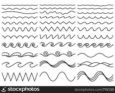 Wavy lines. Wiggly border, curved sea wave and seamless billowing ocean waves. Wiggle parallel waves, squiggle horizontal wave border. Vector illustration isolated icons set. Wavy lines. Wiggly border, curved sea wave and seamless billowing ocean waves vector illustration set