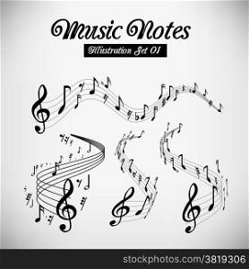 Wavy music staves. Vector set on light grey background