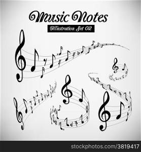 Wavy music staves. Vector set on light grey background