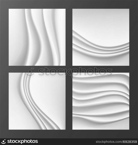 Wavy Silk Abstract Background Vector. Abstract Wavy Silk Backgrounds Set In White Or Silver Color. Realistic Cream Wave Texture. Design Element For Wedding Invitation. Wavy Silk Abstract Background Vector. Realistic Fabric Silk Texture