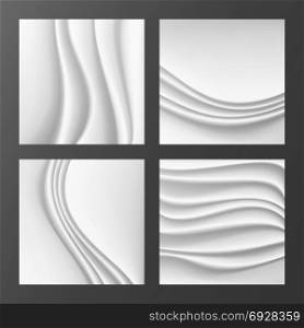 Wavy Silk Abstract Background Vector. Abstract Wavy Silk Backgrounds Set In White Or Silver Color. Realistic Cream Wave Texture. Design Element For Wedding Invitation. Wavy Silk Abstract Background Vector. Realistic Fabric Silk Texture