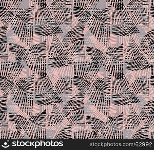 Wavy trapezoids pink and brown overplayed with texture.Hand drawn with ink seamless background.Rough texture created with hatched geometrical shapes.