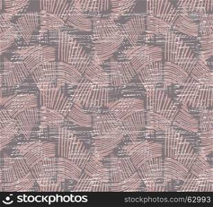 Wavy trapezoids pink overplayed with texture.Hand drawn with ink seamless background.Rough texture created with hatched geometrical shapes.