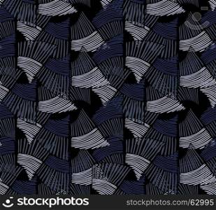 Wavy trapezoids striped blue.Hand drawn with ink seamless background.Rough texture created with hatched geometrical shapes.