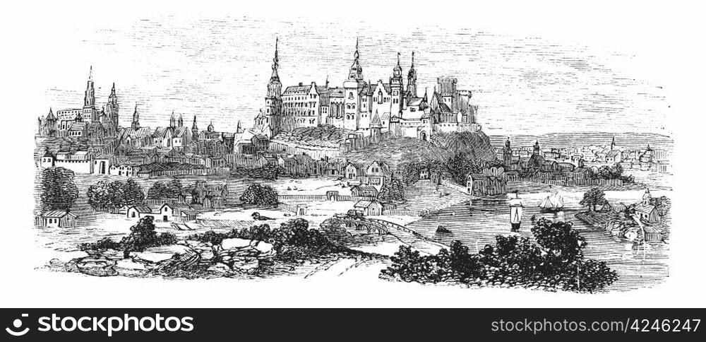 Wawel Castle or Royal Castle in Krakow, Poland, during the 1890s, vintage engraving. Old engraved illustration of Wawel Castle.