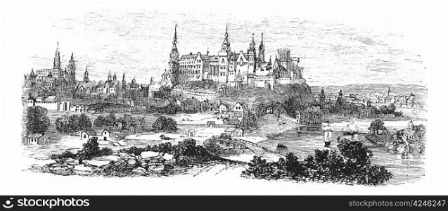 Wawel Castle or Royal Castle in Krakow, Poland, during the 1890s, vintage engraving. Old engraved illustration of Wawel Castle.