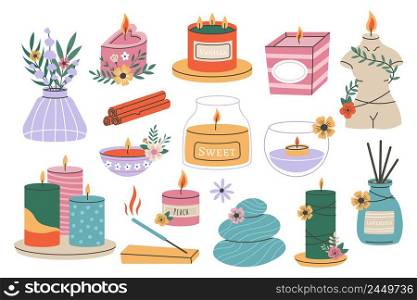 Wax candles, aromatic scented candles, home aromatherapy elements. Vector illustration set of aromatic wax, candle scented. Wax candles, aromatic scented candles, home aromatherapy elements. Vector illustration set