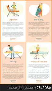 Wax depilation and hair styling, back massage and chocolate body spa specialist in uniform. Procedure in beauty salon cartoon vector banner sample set. Procedure in Beauty Salon Cartoon Banner Sample