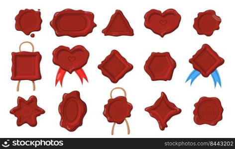Wax seals set. Dark red st&s of different shapes, heart, rectangle, circle, hexagon, triangle in antique style. Vector illustrations collection for tag, certificate, map or scroll design