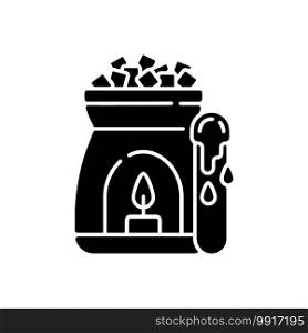 Wax warmer black glyph icon. Hair removal option. Optimal application temperature. Waxing session. Removing hair from legs. Silhouette symbol on white space. Vector isolated illustration. Wax warmer black glyph icon