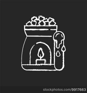 Wax warmer chalk white icon on black background. Hair removal option. Optimal application temperature. Waxing session. Removing hair from legs. Isolated vector chalkboard illustration. Wax warmer chalk white icon on black background
