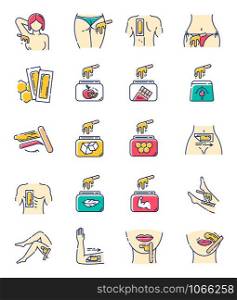 Waxing beige color icons set. Female, male hair removal procedure. Cold, hot wax in jar with spatula. Depilation equipment. Professional beauty treatment cosmetics. Isolated vector illustrations