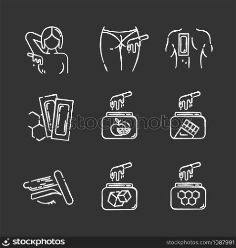 Waxing chalk icons set. Armpit, buttocks, back, brow hair removal. Natural fruit, sugar wax in jar. Cold depilation strips. Professional beauty treatment cosmetics. Isolated chalkboard illustrations