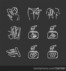 Waxing chalk icons set. Armpit, buttocks, back, brow hair removal. Natural fruit, sugar wax in jar. Cold depilation strips. Professional beauty treatment cosmetics. Isolated chalkboard illustrations