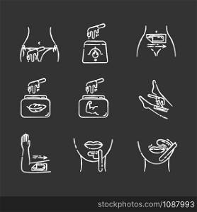 Waxing chalk icons set. Bikini, leg, upper lip, chin hair removal. Cold, hot wax in jar with spatula. Depilation equipment. Professional beauty cosmetics. Isolated vector chalkboard illustrations
