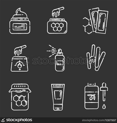Waxing equipment chalk icons set. Honey wax strips with spatula. Hair removal tools. Body lotion, spray, oil for depilation. Professional beauty cosmetics. Isolated vector chalkboard illustrations