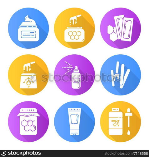 Waxing equipment flat design long shadow glyph icons set. Hot honey wax strips with spatula. Hair removal tools. Lotion, spray, oil for depilation. Beauty cosmetics. Vector silhouette illustration