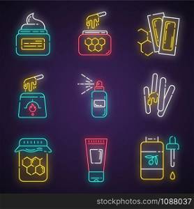 Waxing equipment neon light icons set. Natural hot honey wax strips with spatula. Hair removal tools. Body lotion, spray, oil for depilation. Glowing signs. Vector isolated illustrations