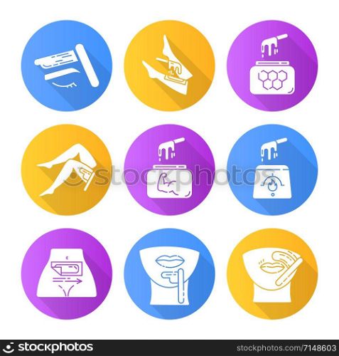 Waxing flat design long shadow glyph icons set. Leg, upper lip, chin hair removal. Cold, hot wax in jar with spatula. Depilation equipment. Beauty treatment. Vector silhouette illustration. Waxing flat design long shadow glyph icons set. Shin, leg, upper lip, chin hair removal. Cold, hot wax in jar with spatula. Depilation equipment. Professional beauty treatment cosmetics. Vector silhouette illustration
