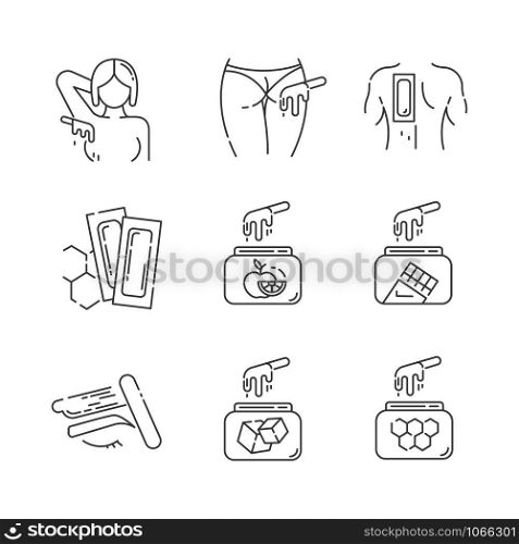 Waxing linear icons set. Armpit, buttocks, back, brow hair removal. Fruit, sugar wax in jar. Depilation strips. Thin line contour symbols. Isolated vector outline illustrations. Editable stroke