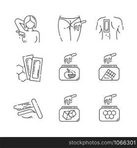 Waxing linear icons set. Armpit, buttocks, back, brow hair removal. Fruit, sugar wax in jar. Depilation strips. Thin line contour symbols. Isolated vector outline illustrations. Editable stroke
