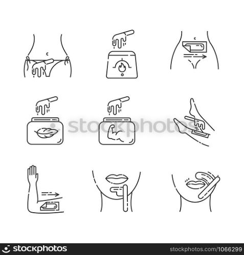 Waxing linear icons set. Bikini, leg, upper lip, chin hair removal. Hot wax in jar with spatula. Depilation equipment. Thin line contour symbols. Isolated vector outline illustrations. Editable stroke