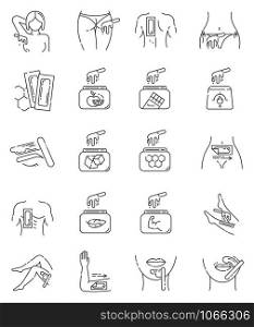 Waxing linear icons set. Female, male hair removal procedure. Cold, hot wax in jar with spatula. Depilation equipment. Thin line contour symbols. Isolated vector outline illustrations. Editable stroke