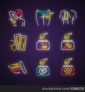 Waxing neon light icons set. Armpit, buttocks, back, brow hair removal. Natural fruit, sugar wax in jar. Cold depilation strips. Professional cosmetics. Glowing signs. Vector isolated illustrations